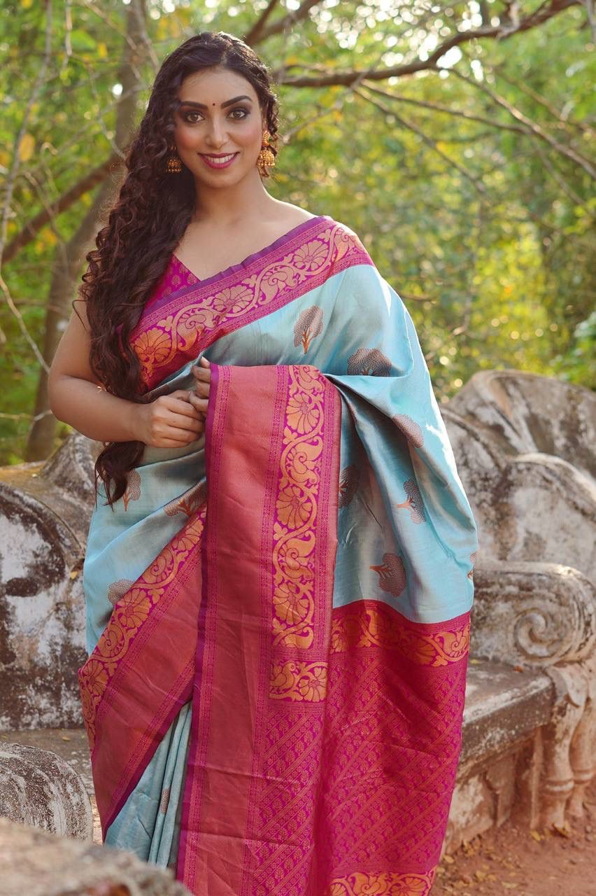 Sky Blue Banarasi Silk Rich Copper Zari Weaved Saree