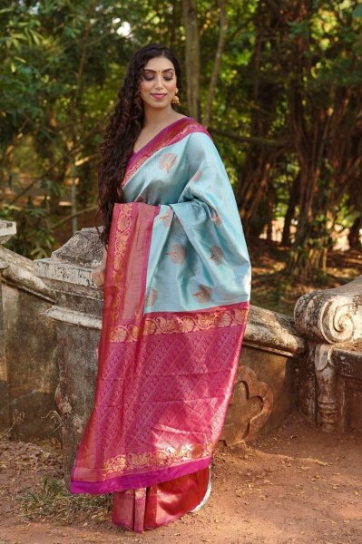 Image of Sky Blue Banarasi Silk Rich Copper Zari Weaved Saree
