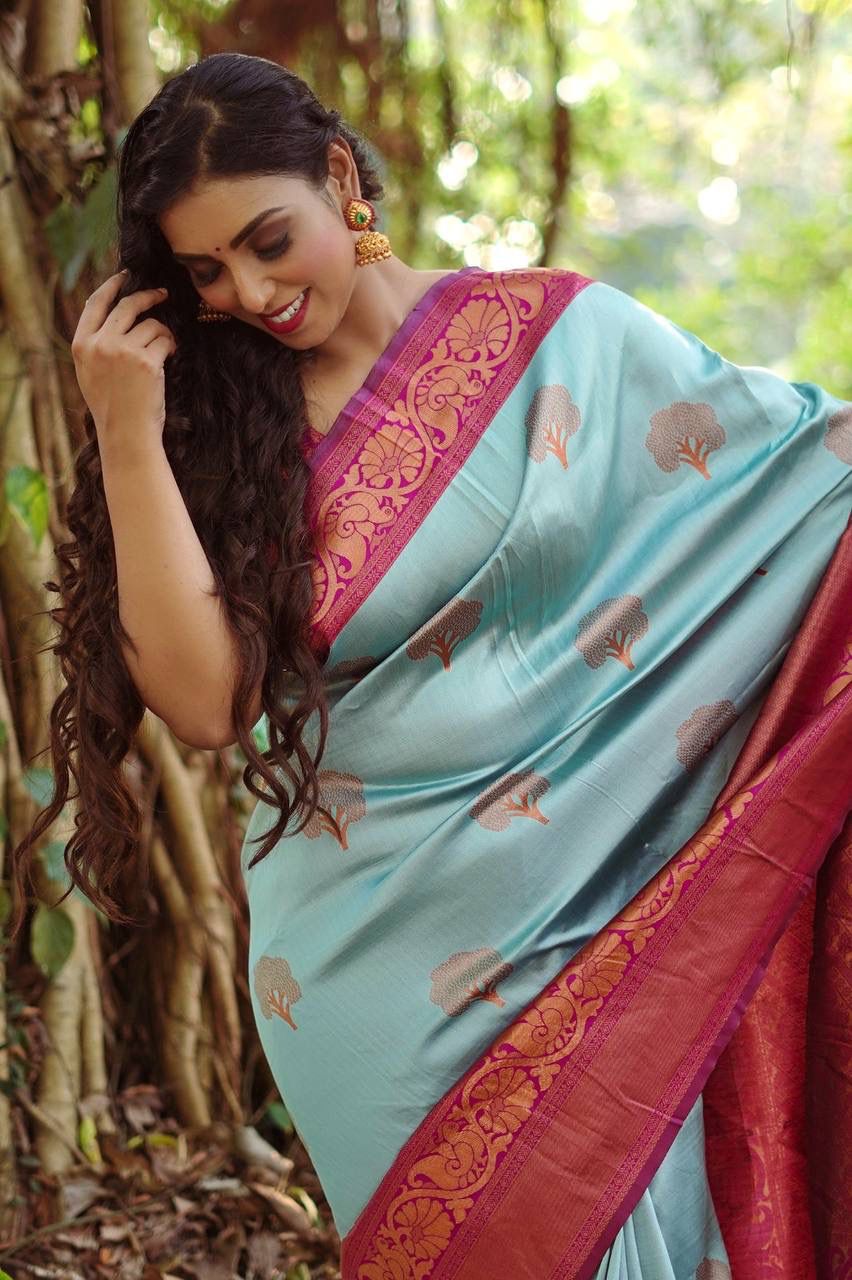 Sky Blue Banarasi Silk Rich Copper Zari Weaved Saree