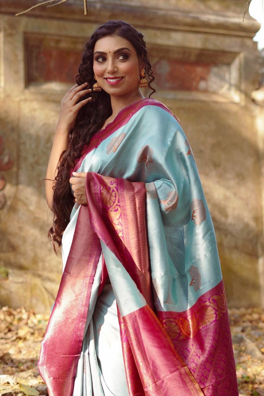 Sky Blue Banarasi Silk Rich Copper Zari Weaved Saree