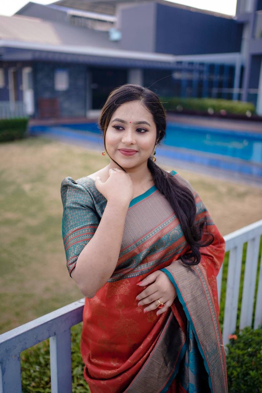 Red Banarasi Silk Rich Copper Zari Weaved Saree