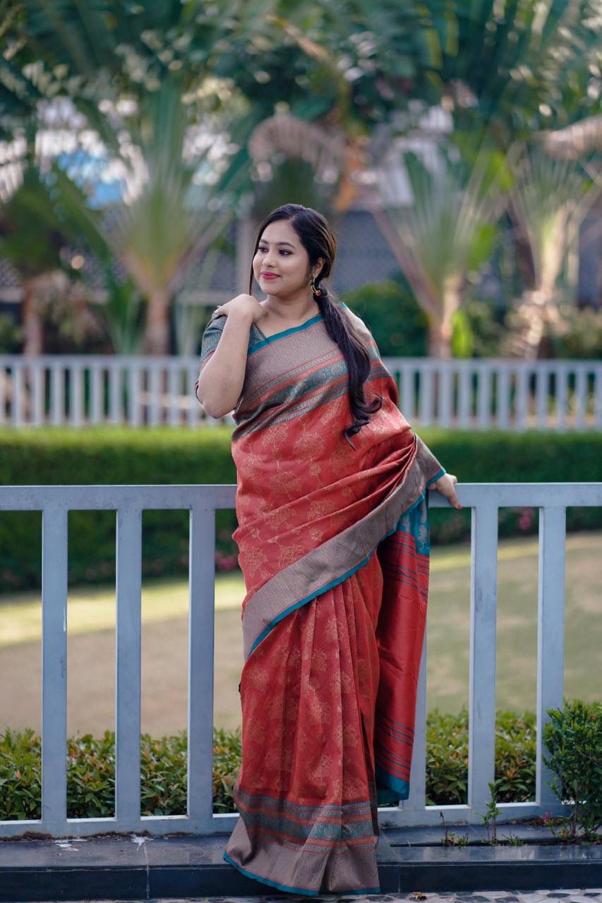 Red Banarasi Silk Rich Copper Zari Weaved Saree