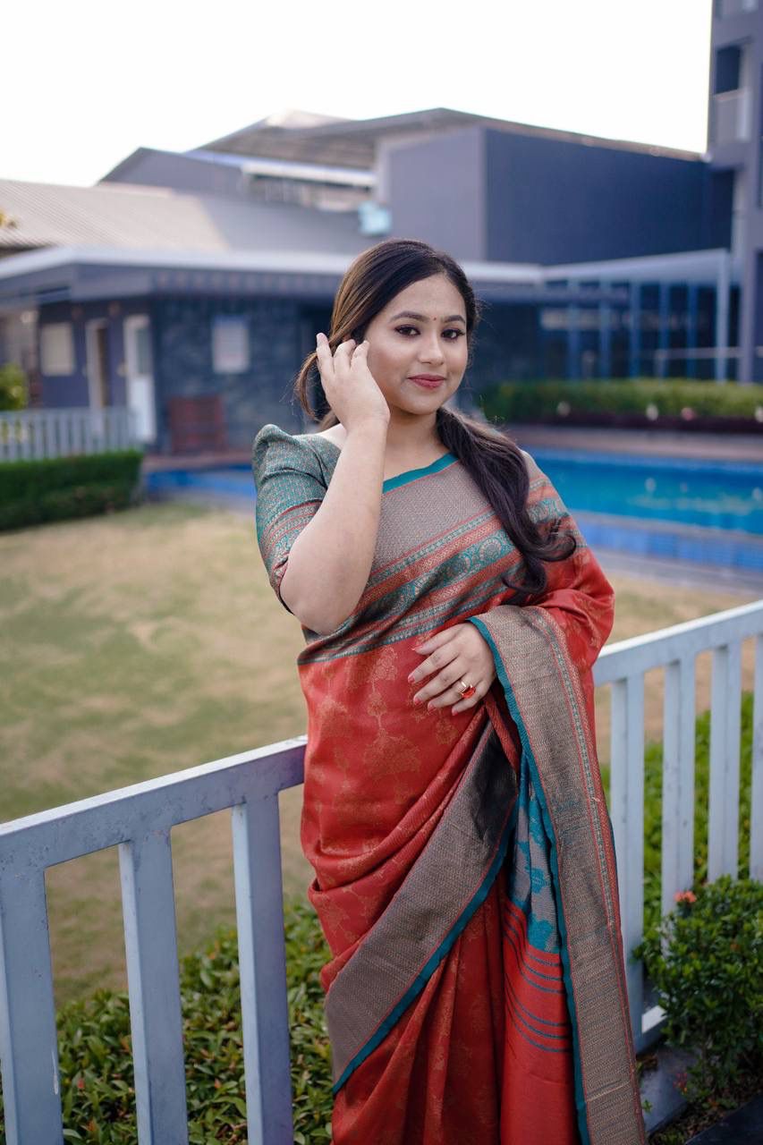 Red Banarasi Silk Rich Copper Zari Weaved Saree