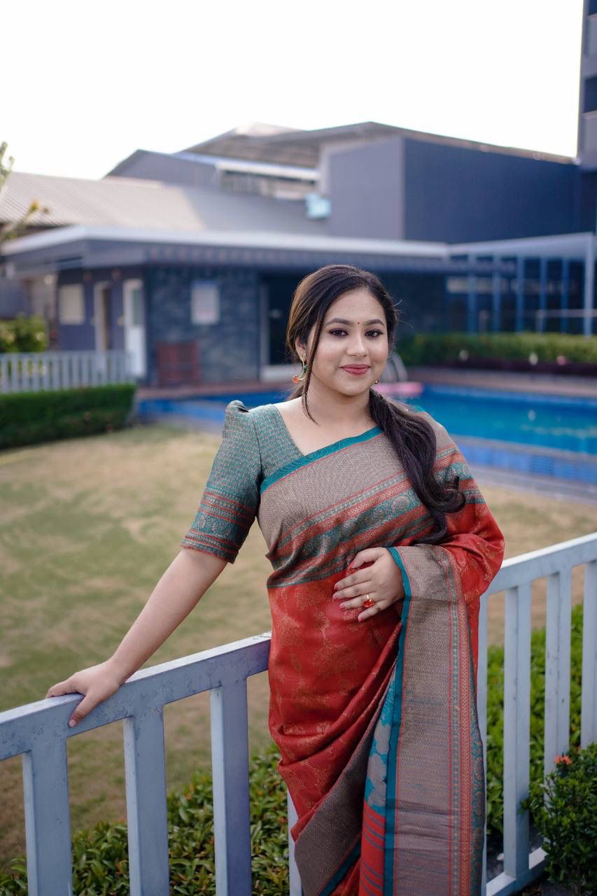 Red Banarasi Silk Rich Copper Zari Weaved Saree