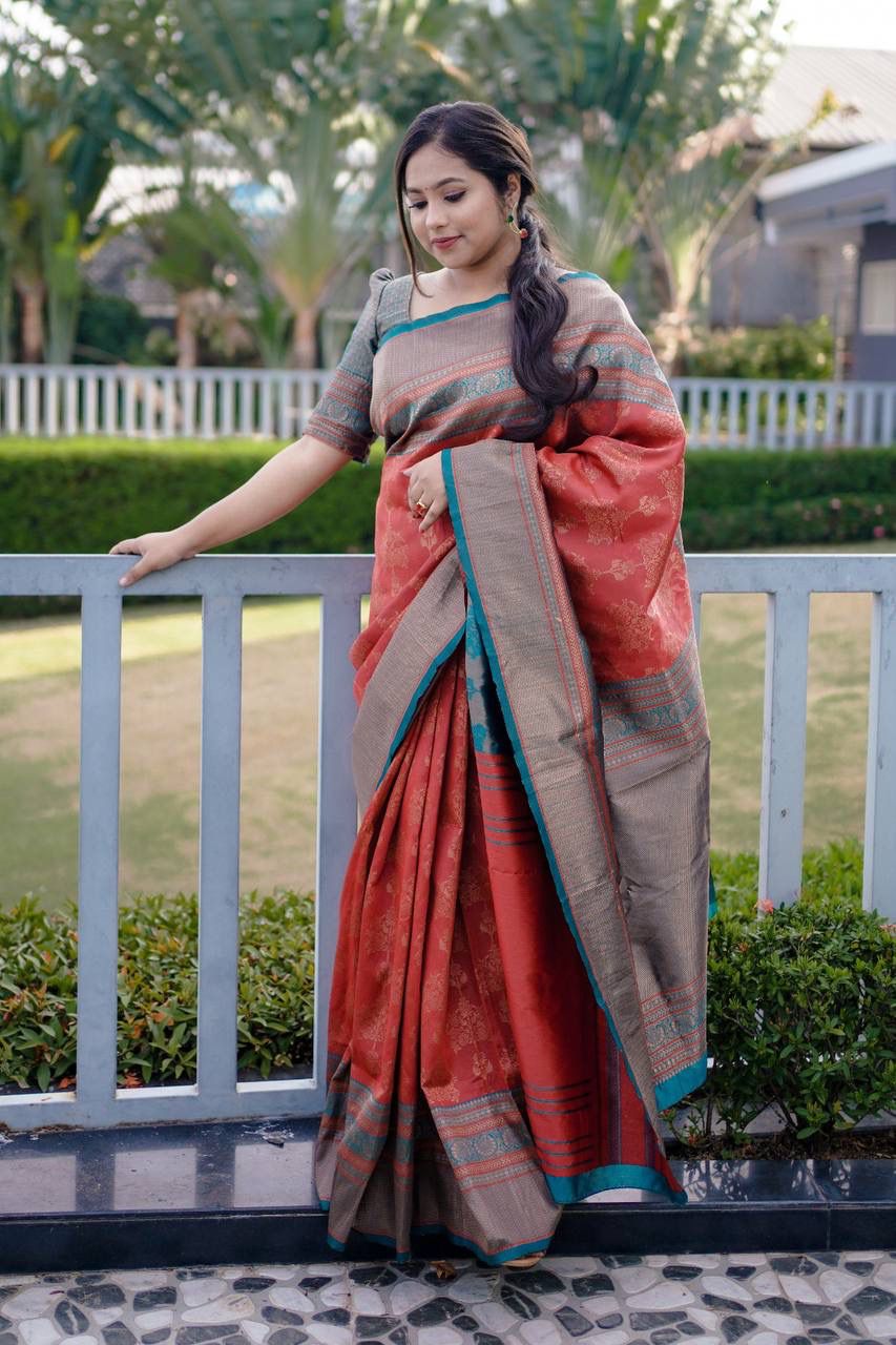 Red Banarasi Silk Rich Copper Zari Weaved Saree