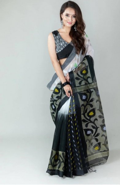 Image of Handloom Jamdani Cotton Printed Rich Woven Pallu Saree