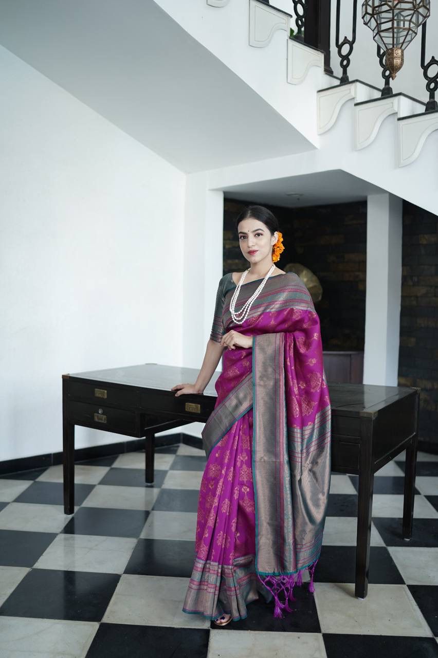 Magenta Banarasi Silk Rich Copper Zari Weaved Saree