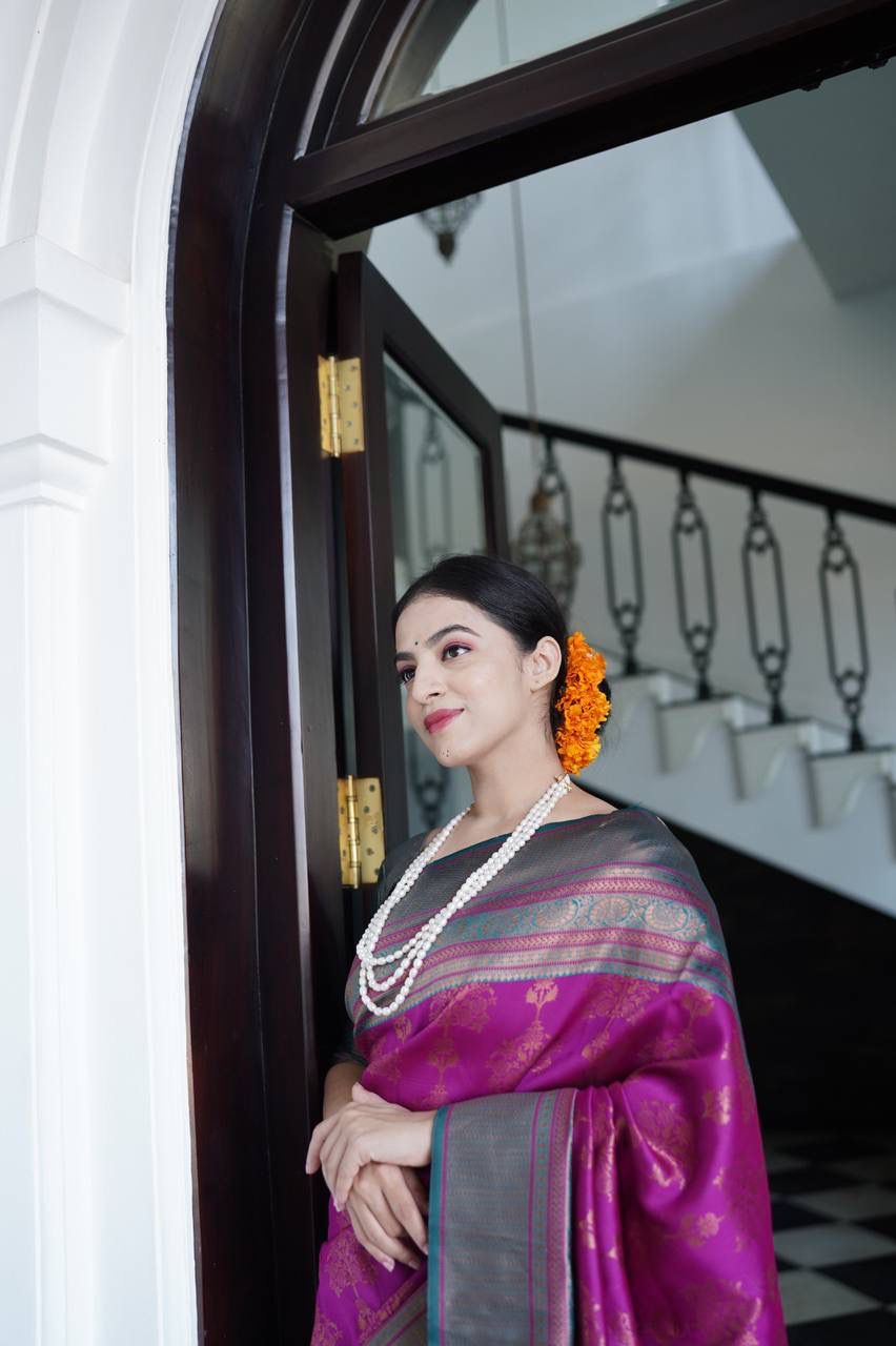Magenta Banarasi Silk Rich Copper Zari Weaved Saree