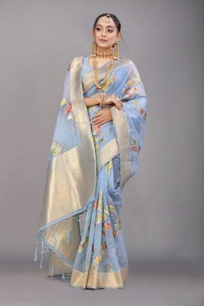 Image of Pure Organza Silk Meena Zari Lehariya Weaved Saree