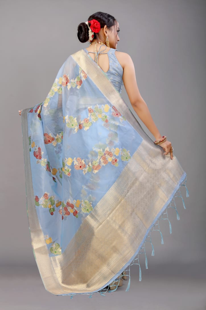 Pure Organza Silk Meena Zari Lehariya Weaved Saree