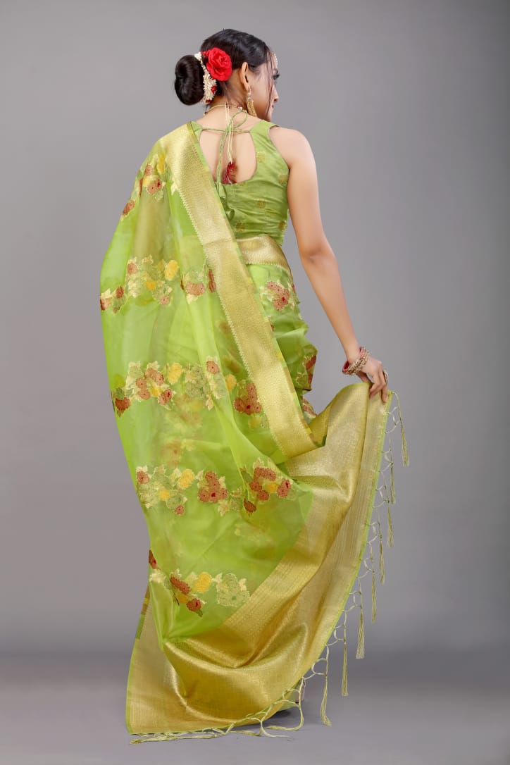 Pure Organza Silk Meena Zari Lehariya Weaved Saree