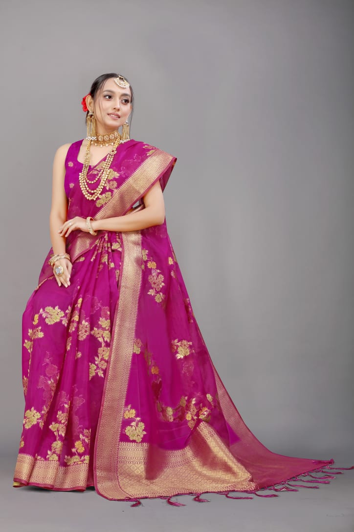 Pure Organza Silk Meena Zari Lehariya Weaved Saree