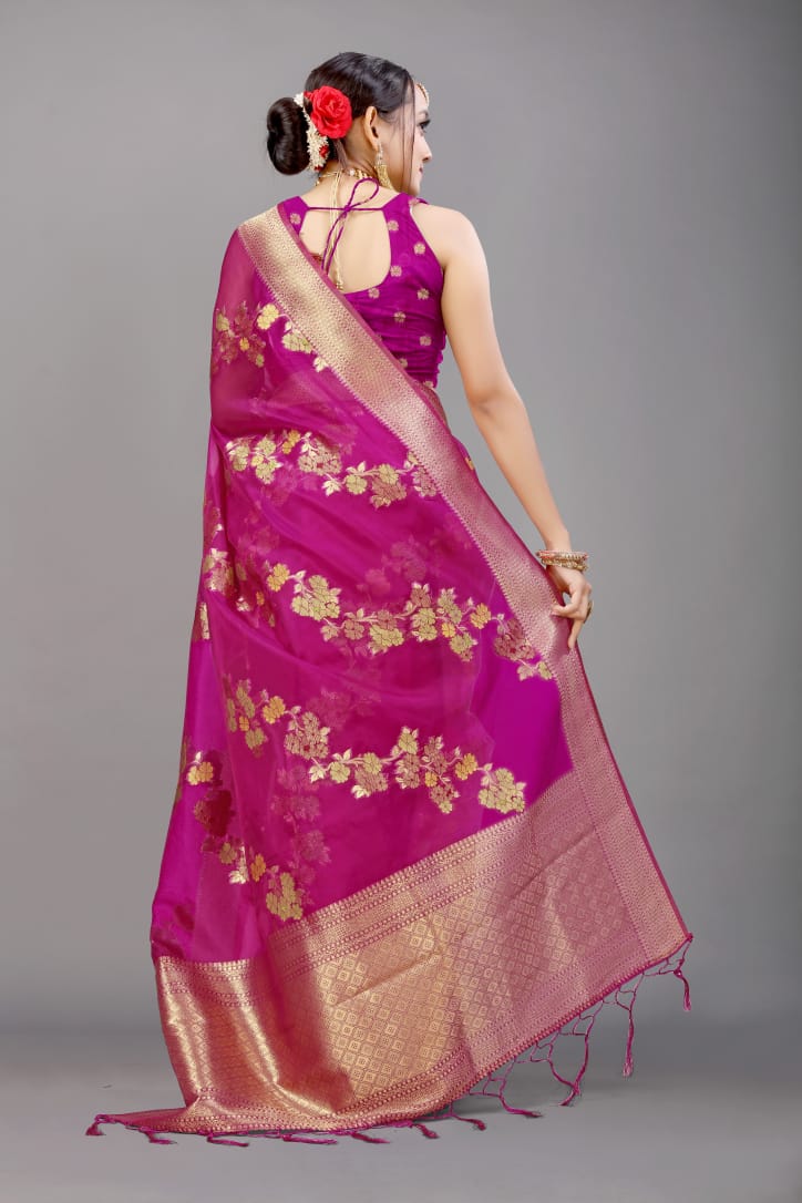 Pure Organza Silk Meena Zari Lehariya Weaved Saree