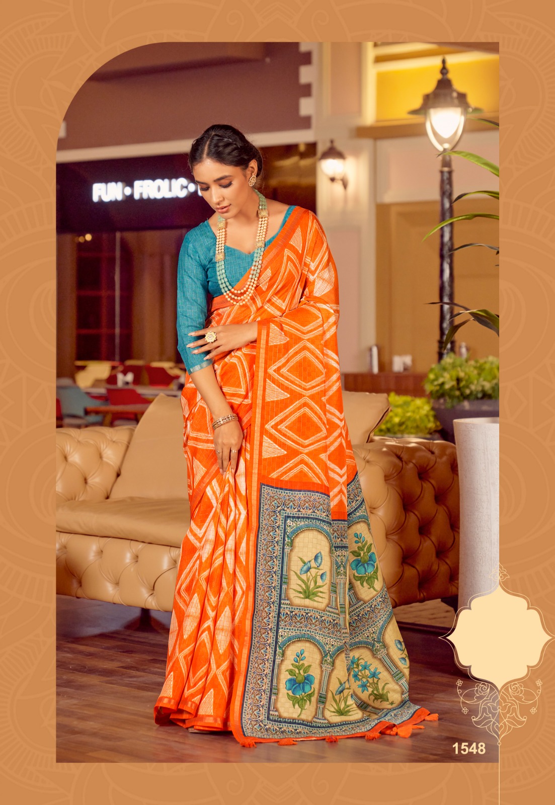 Linen Zari Check Weaved With Lehariya Printed Body And Rich Pallu Tiny Border Saree