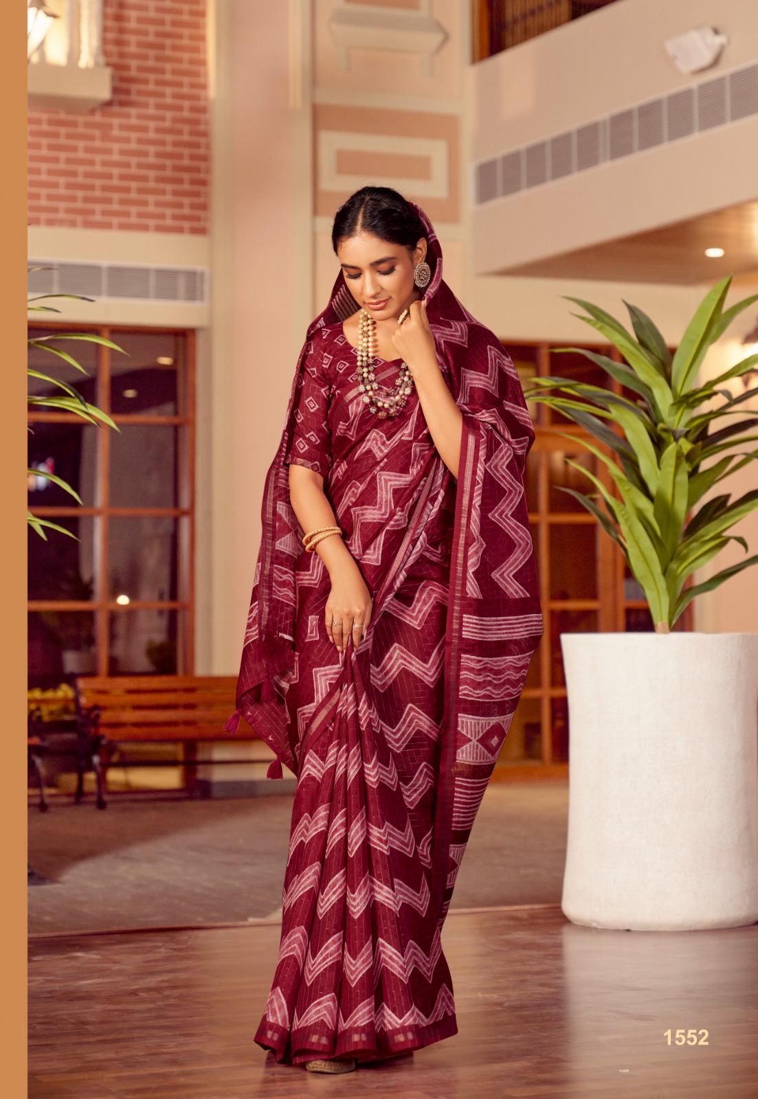 Linen Zari Check Weaved With Lehariya Printed Body And Rich Pallu Tiny Border Saree