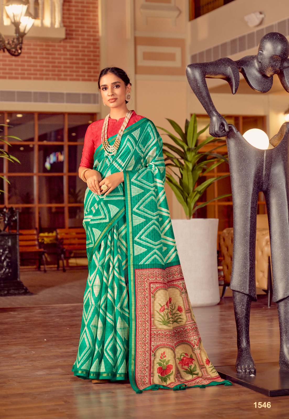 Linen Zari Check Weaved With Lehariya Printed Body And Rich Pallu Tiny Border Saree