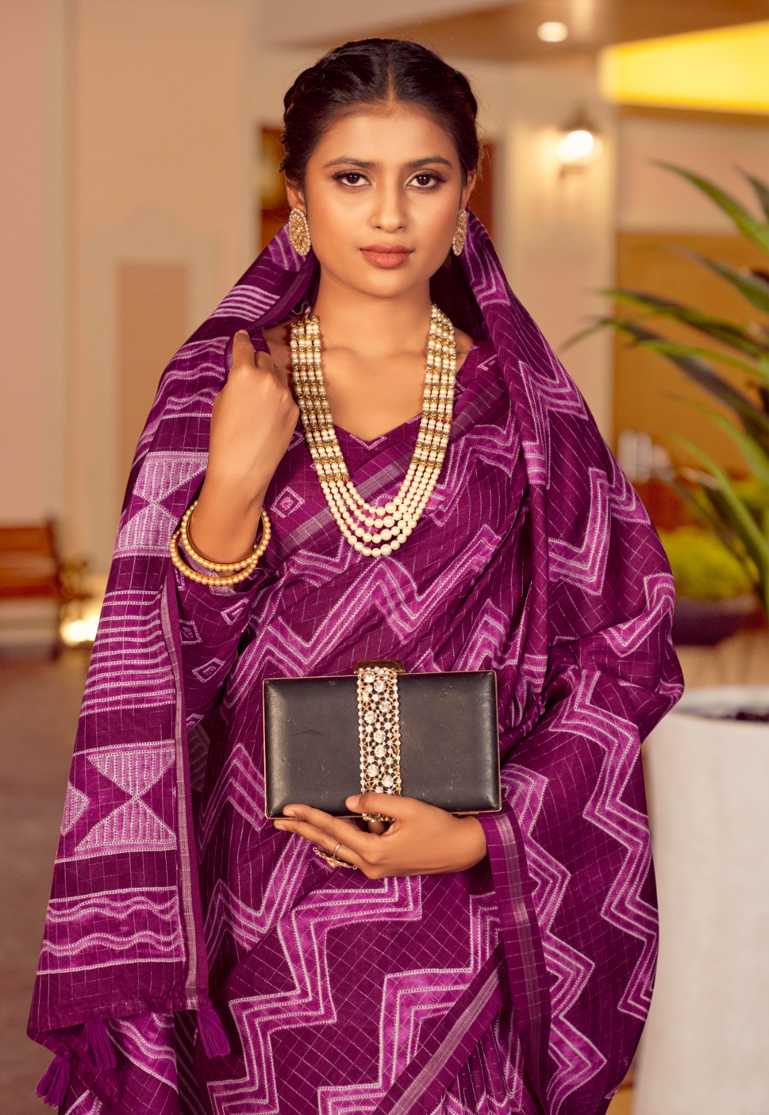 Linen Zari Check Weaved With Lehariya Printed Body And Rich Pallu Tiny Border Saree