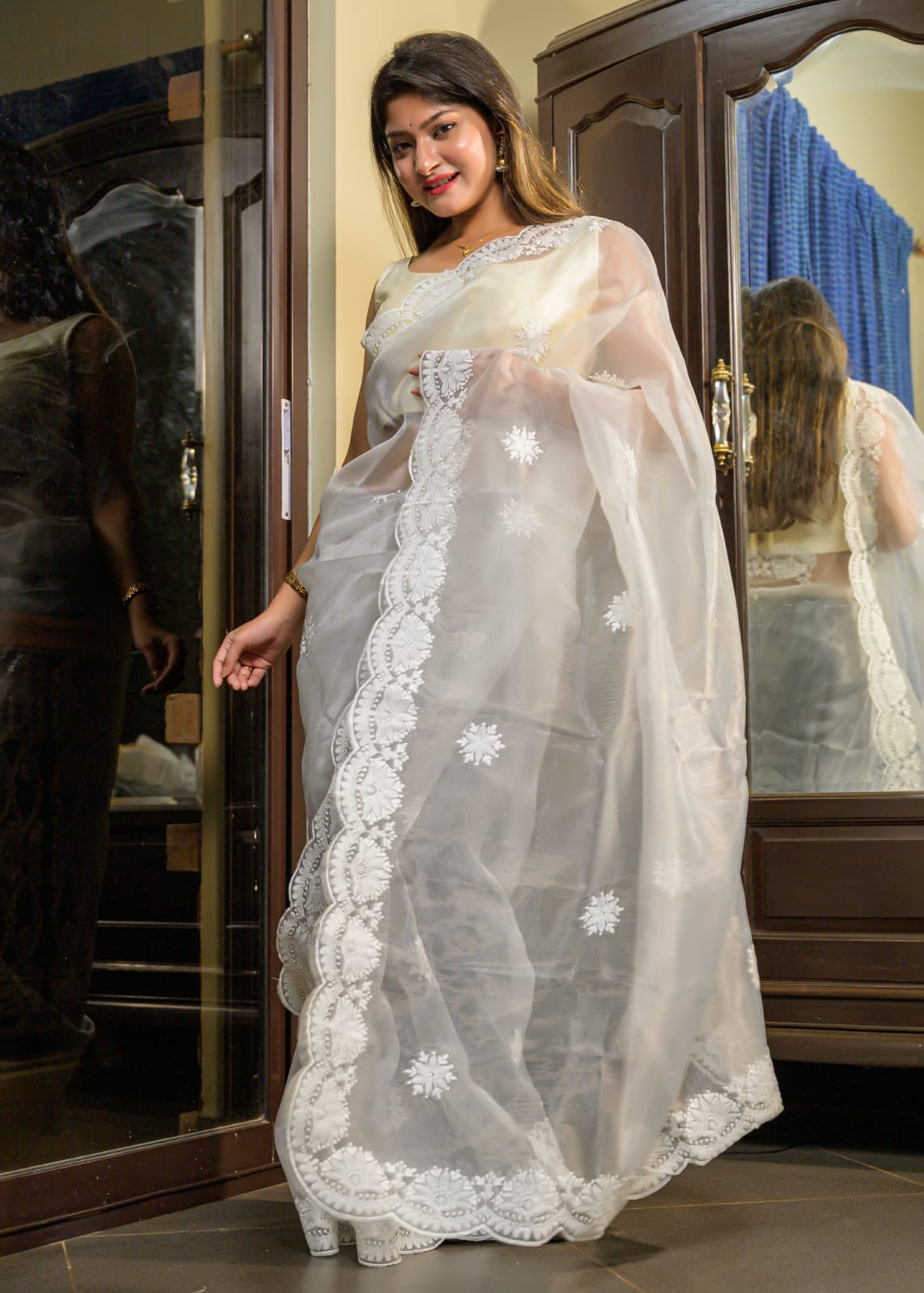 Pure Organza Silk Thread Work Body Border Saree