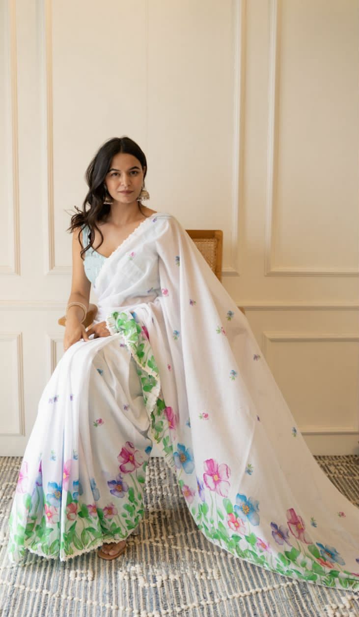 Pure Linen White All Over Digital Printed With Lace Border Saree
