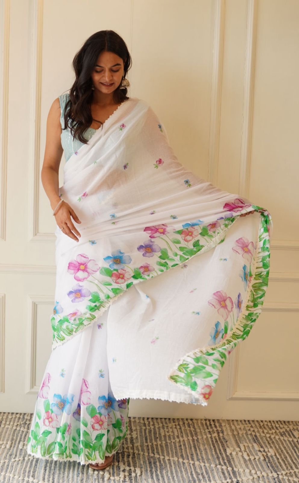 Pure Linen White All Over Digital Printed With Lace Border Saree