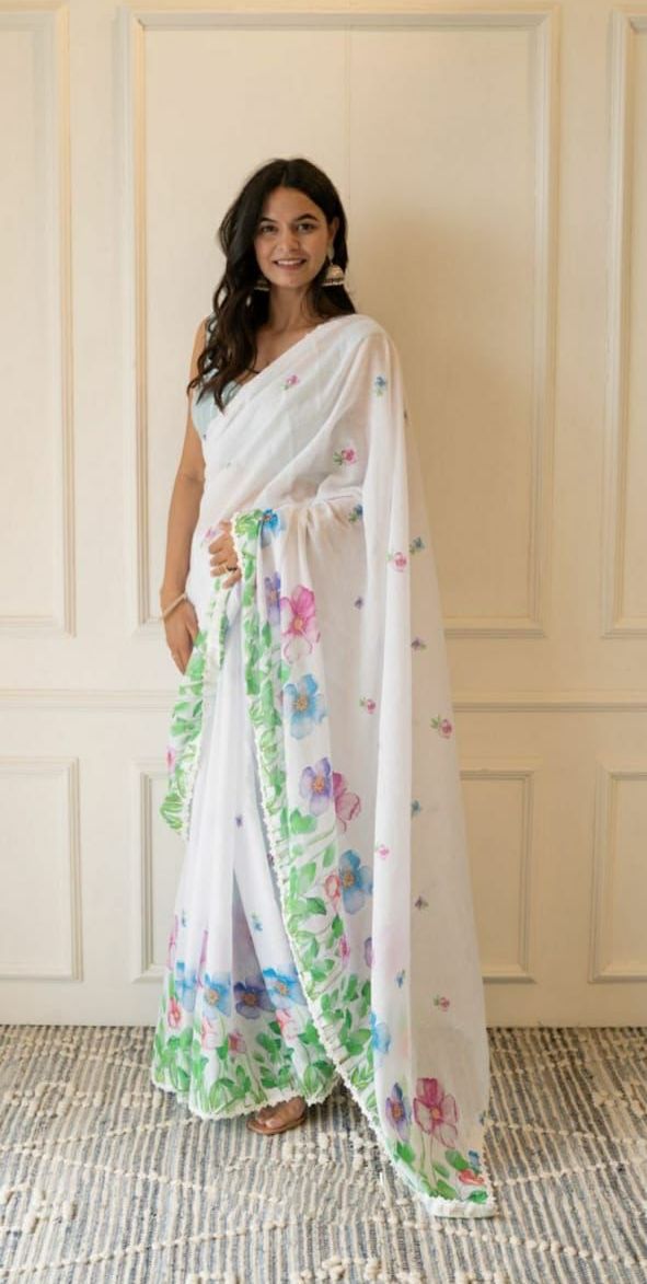 Pure Linen White All Over Digital Printed With Lace Border Saree