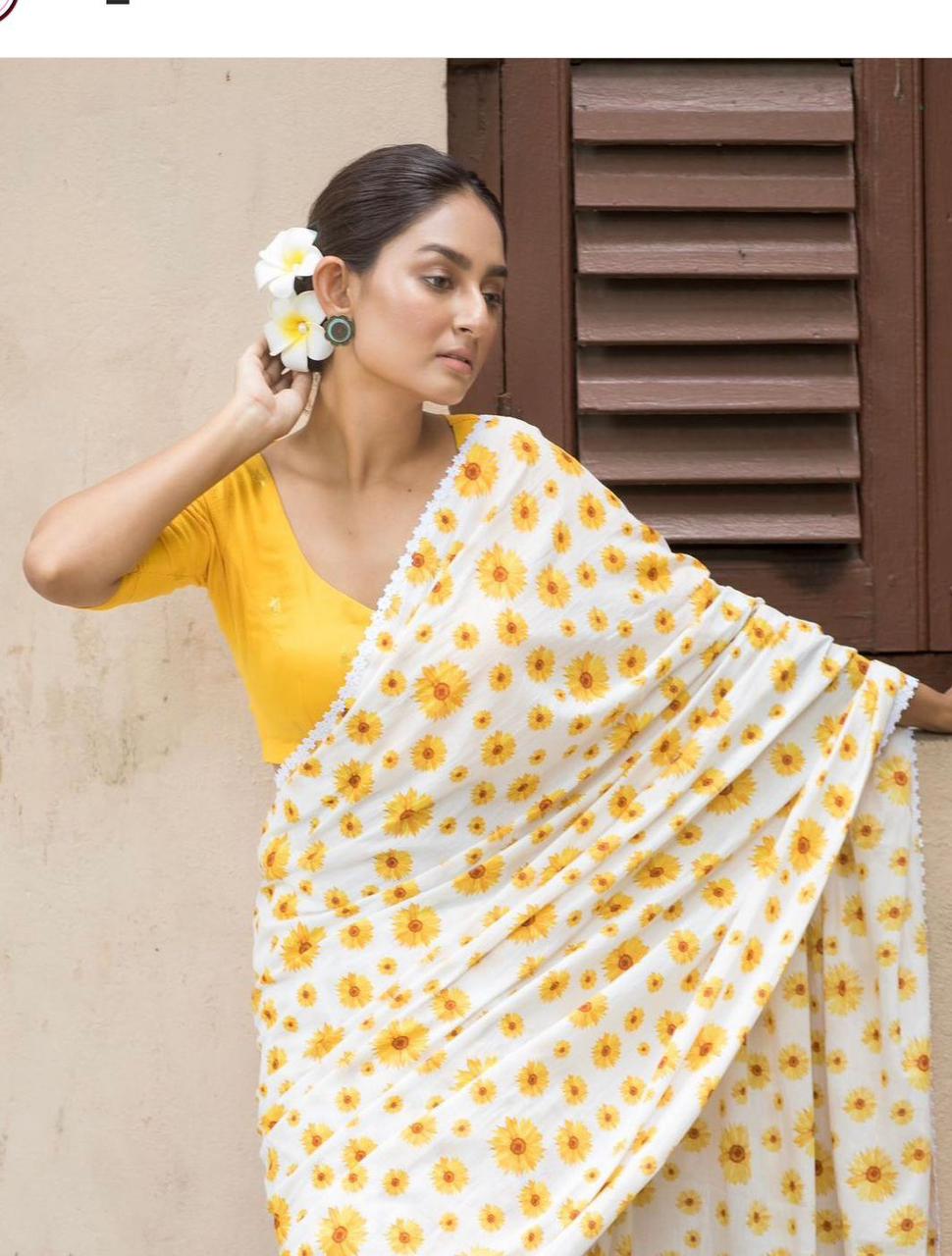 Pure Linen All Over Digital Printed With Fancy Lace Border Saree