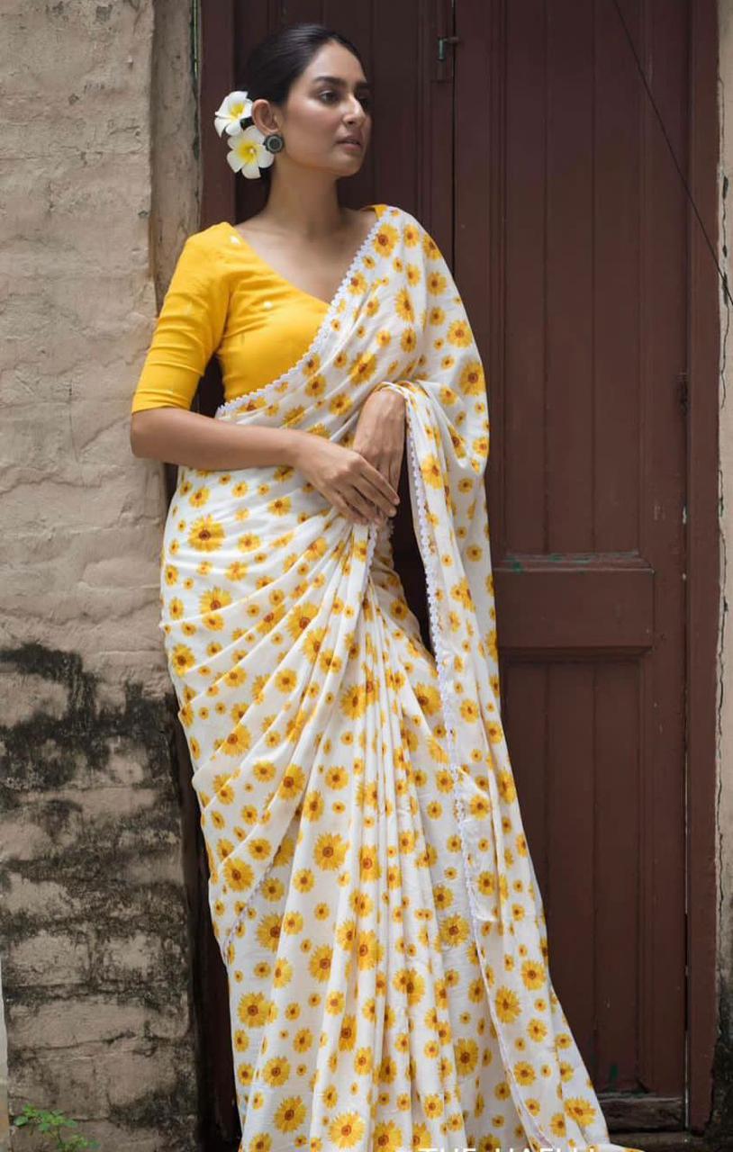 Pure Linen All Over Digital Printed With Fancy Lace Border Saree