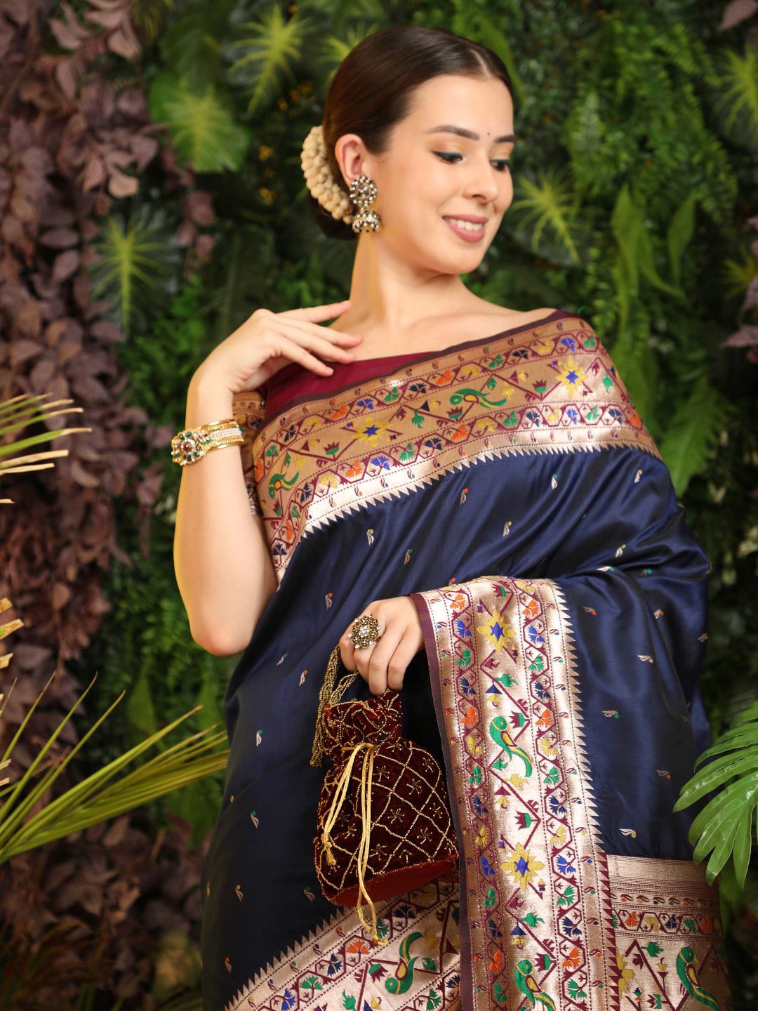 Pure Banarasi Paithani Silk Meena Zari Weaved Border With Fancy Pallu Saree