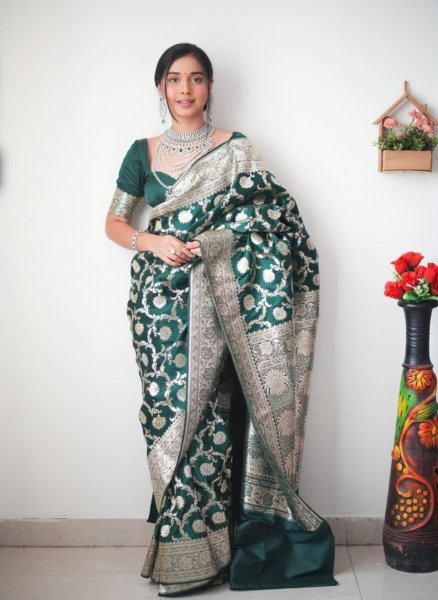 Image of Banarasi Silk Jacquard Weaved All Over Zari Rich Body Pallu And Border Saree