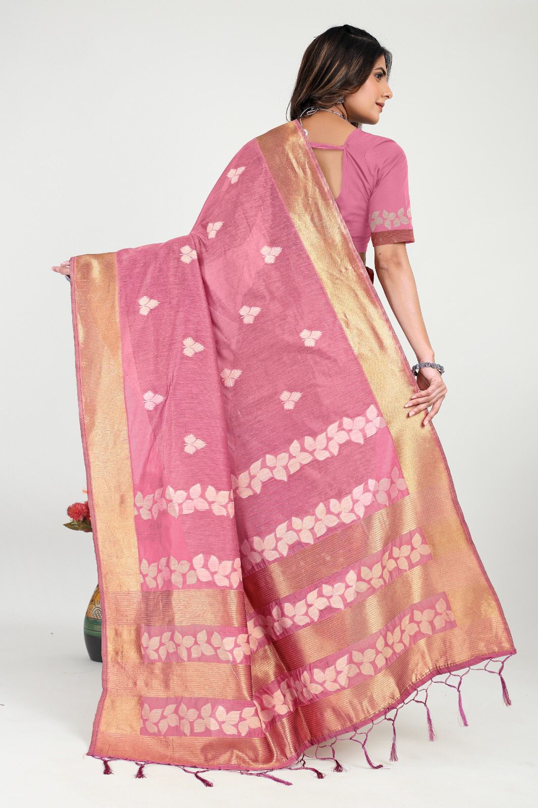 Pure Linen Silk Zari Meenakari Weaved With Tassels On Pallu Saree