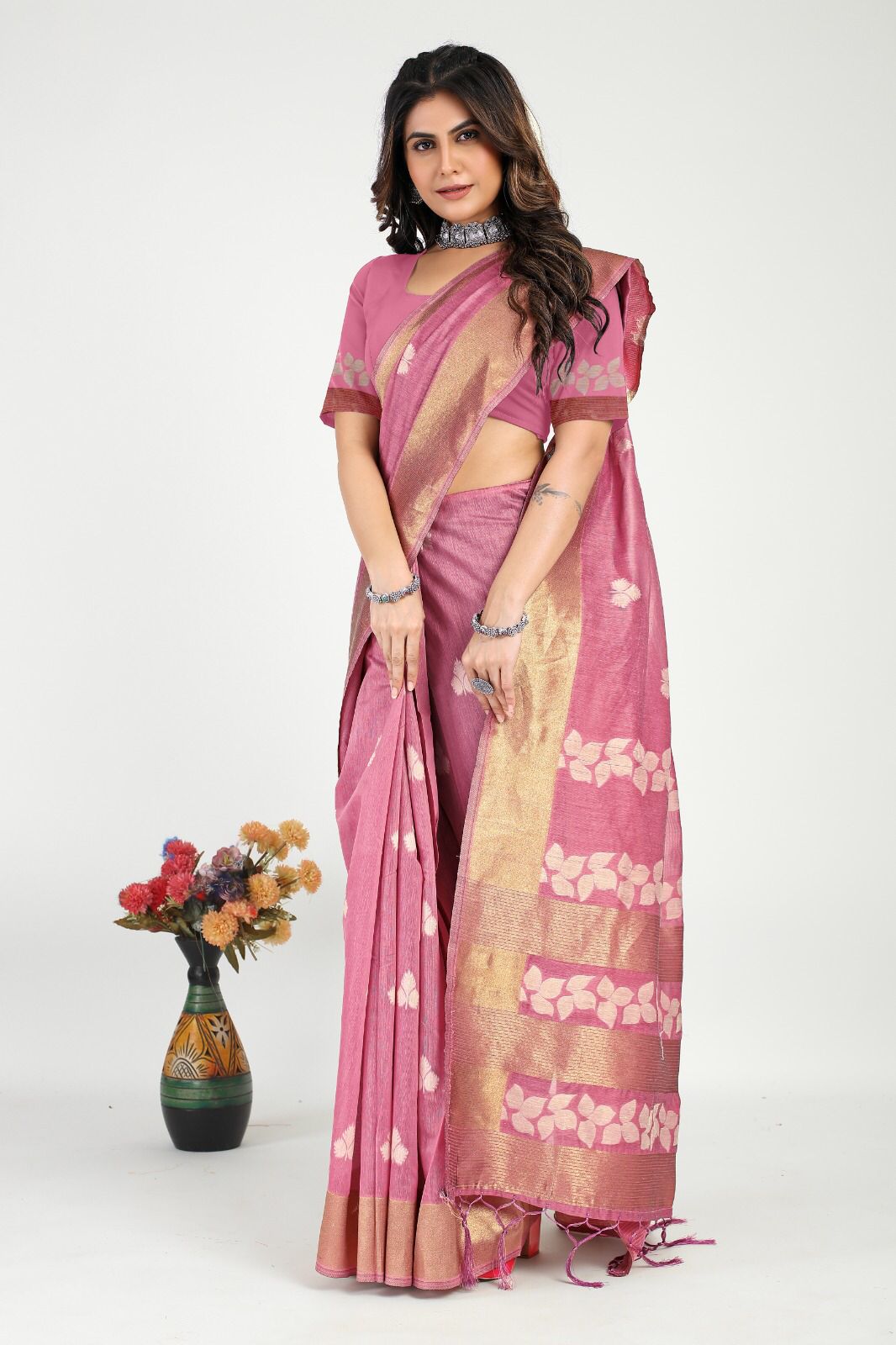 Pure Linen Silk Zari Meenakari Weaved With Tassels On Pallu Saree