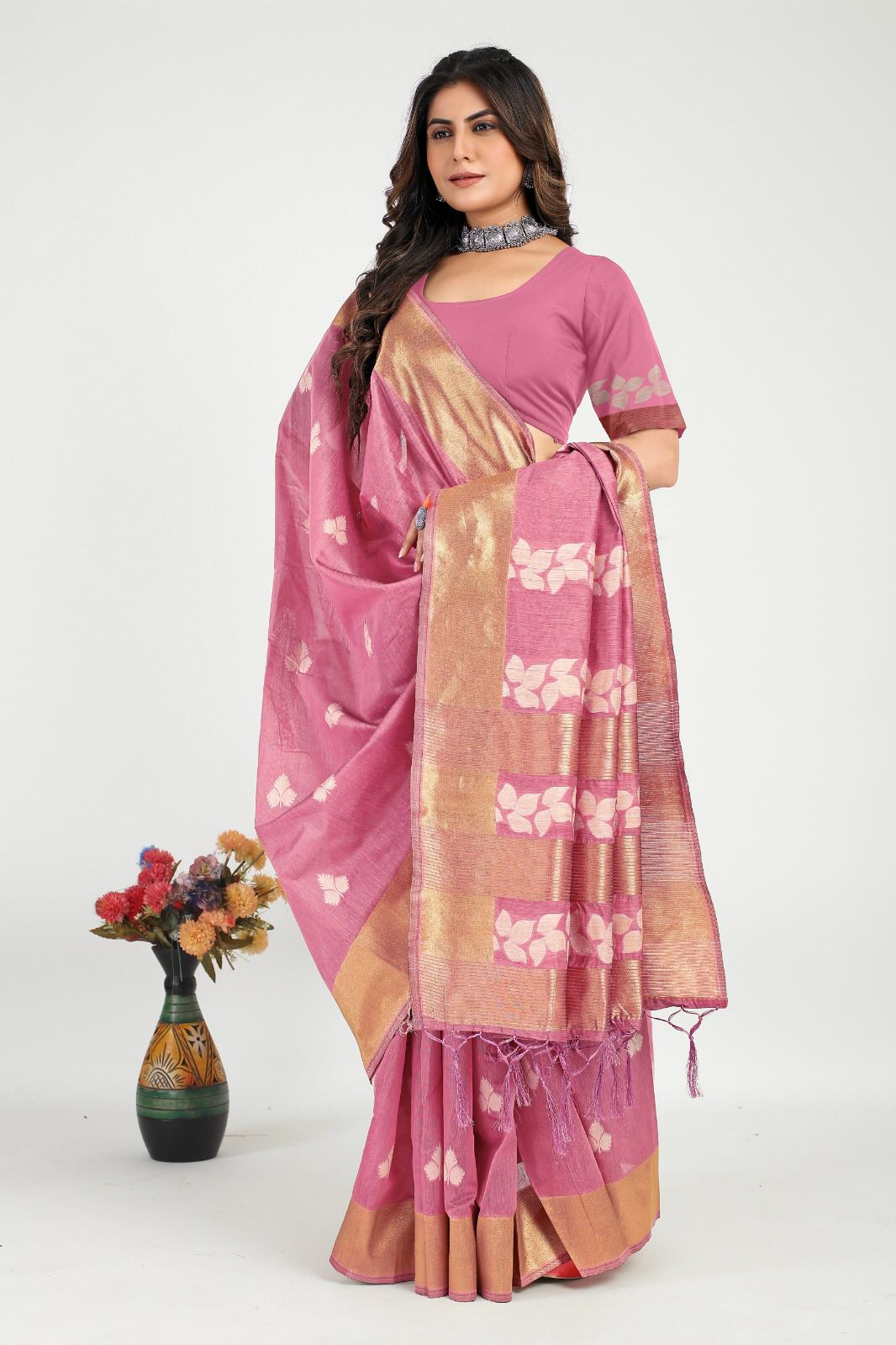 Pure Linen Silk Zari Meenakari Weaved With Tassels On Pallu Saree