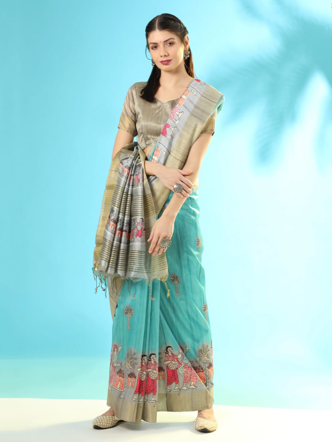 pure tussar silk printed with ghicha pallu and zari striped blouse saree