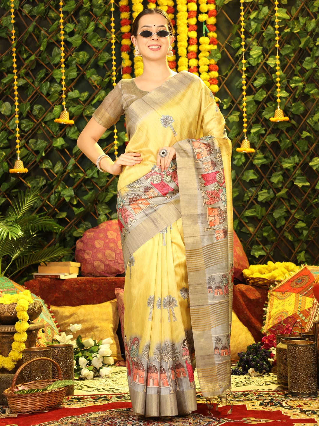 pure tussar silk printed with ghicha pallu and zari striped blouse saree