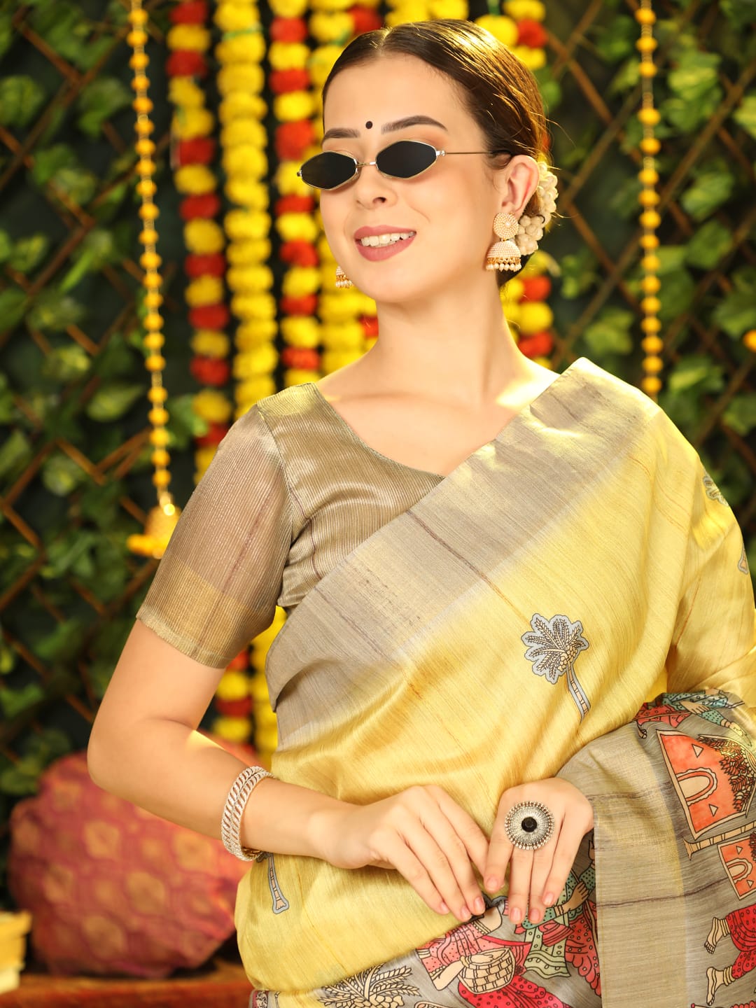 pure tussar silk printed with ghicha pallu and zari striped blouse saree