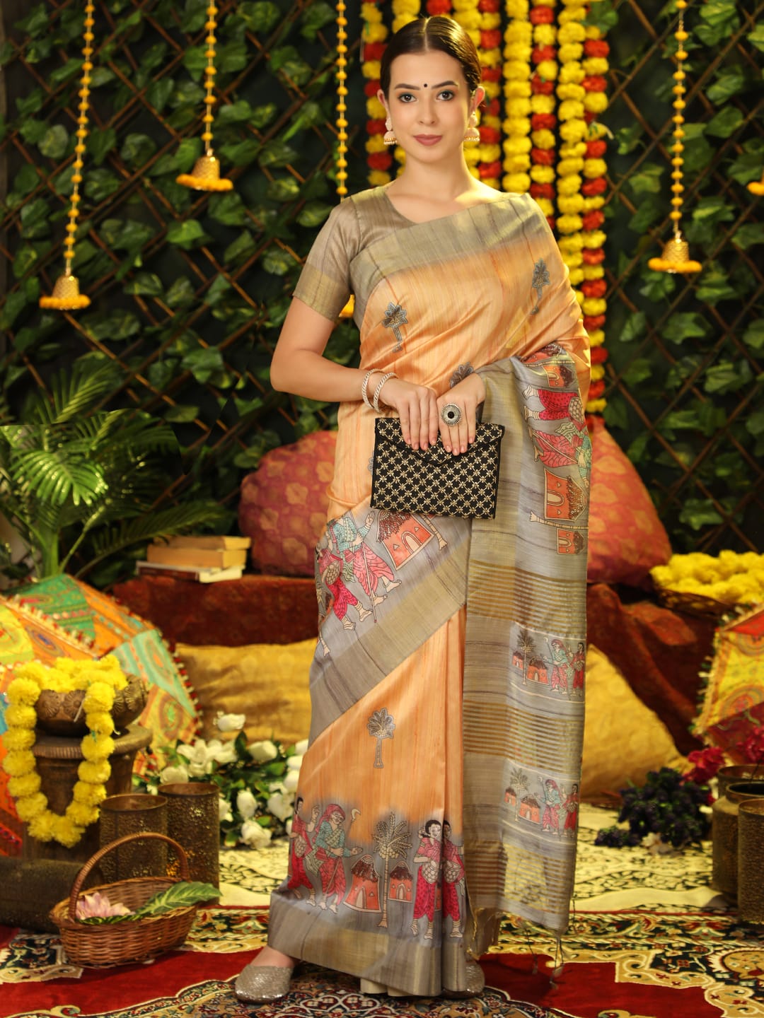 pure tussar silk printed with ghicha pallu and zari striped blouse saree