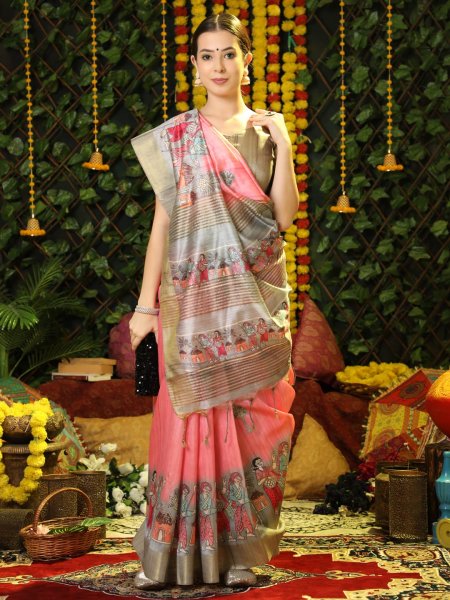 Image of pure tussar silk printed with ghicha pallu and zari striped blouse saree