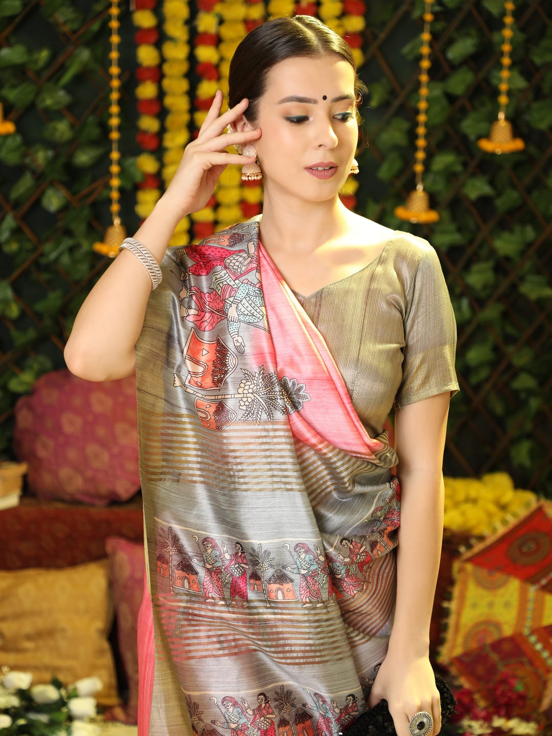 pure tussar silk printed with ghicha pallu and zari striped blouse saree
