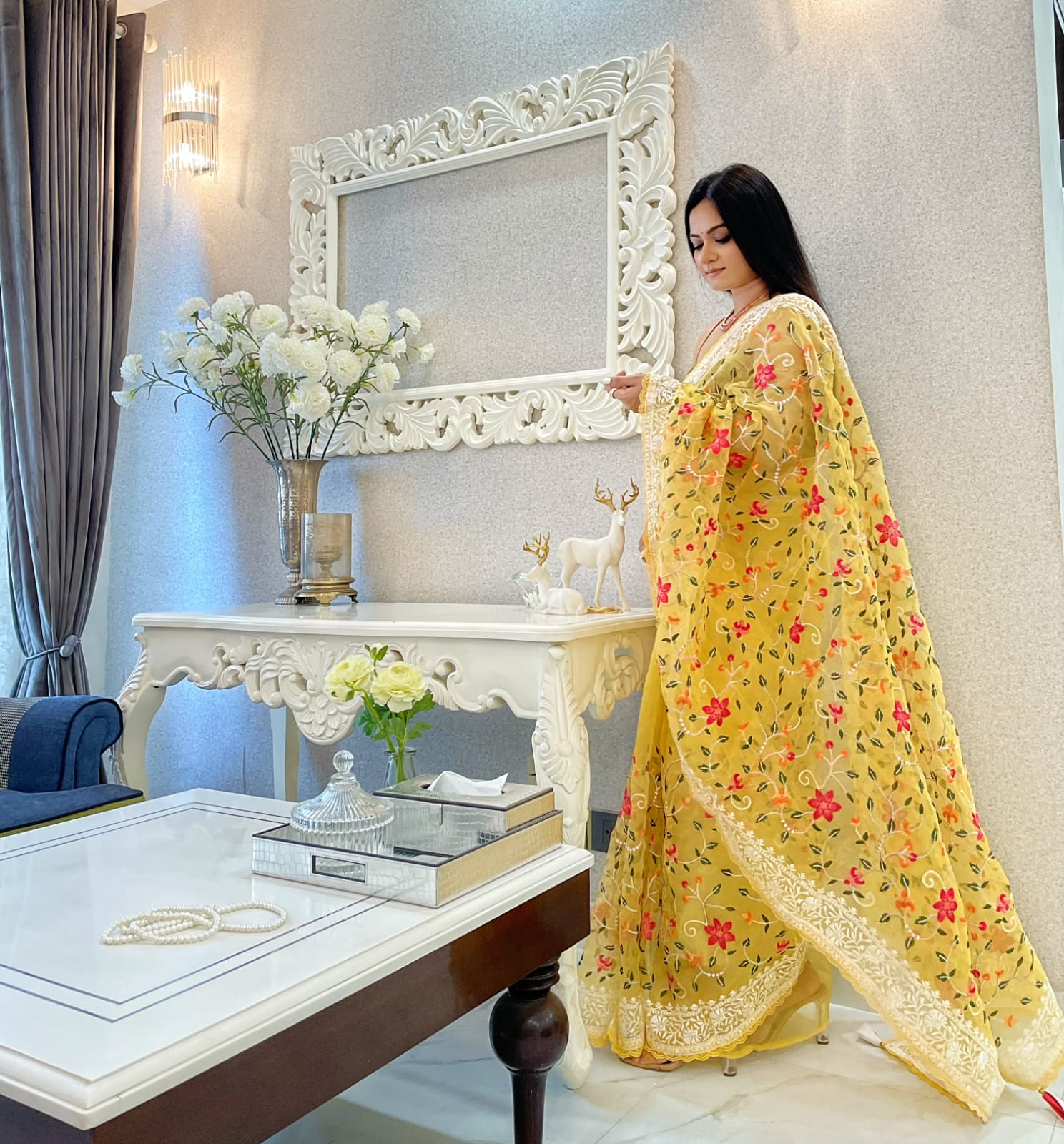 Pure Organza Silk Multi Color Thread Embroidery With Lace Border Saree