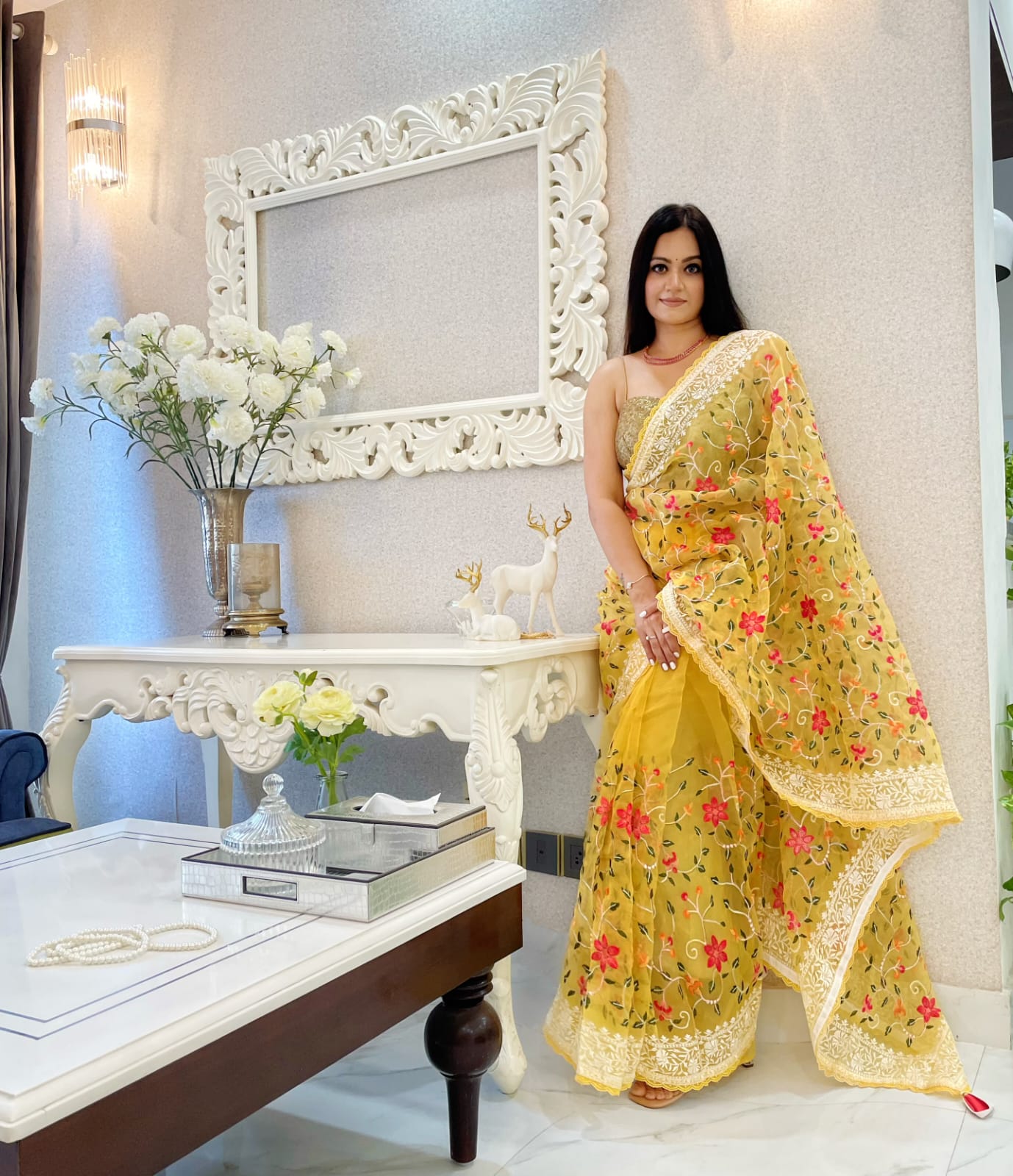 Pure Organza Silk Multi Color Thread Embroidery With Lace Border Saree