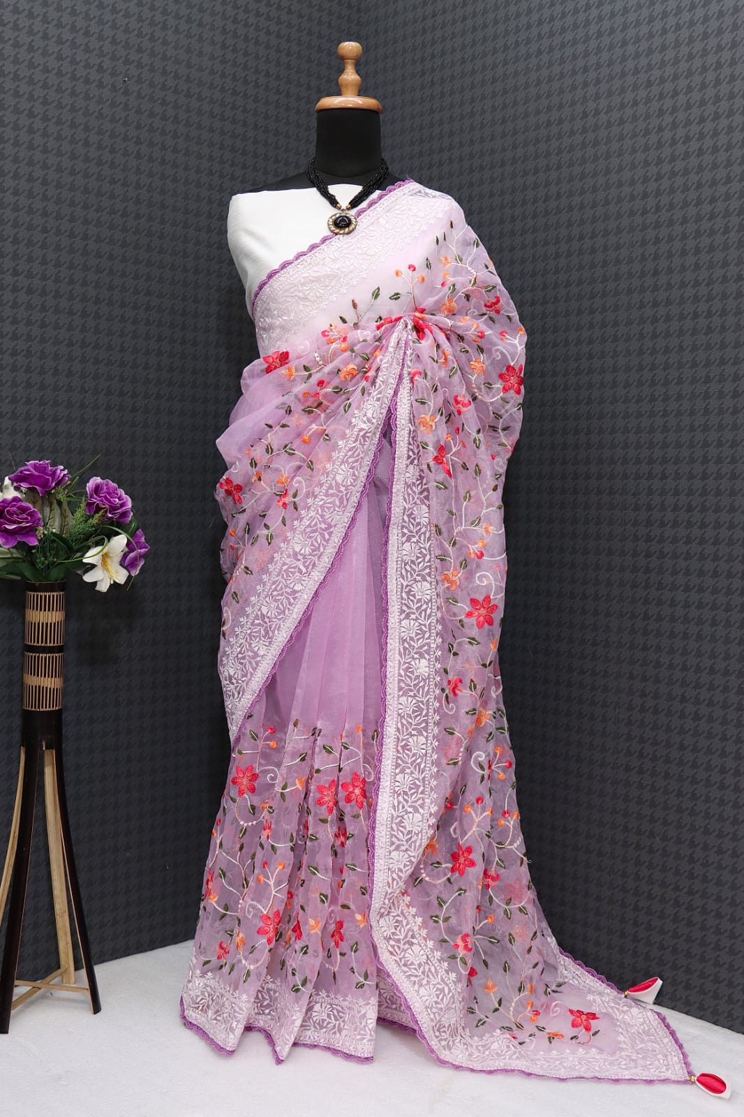 Pure Organza Silk Multi Color Thread Embroidery With Lace Border Saree