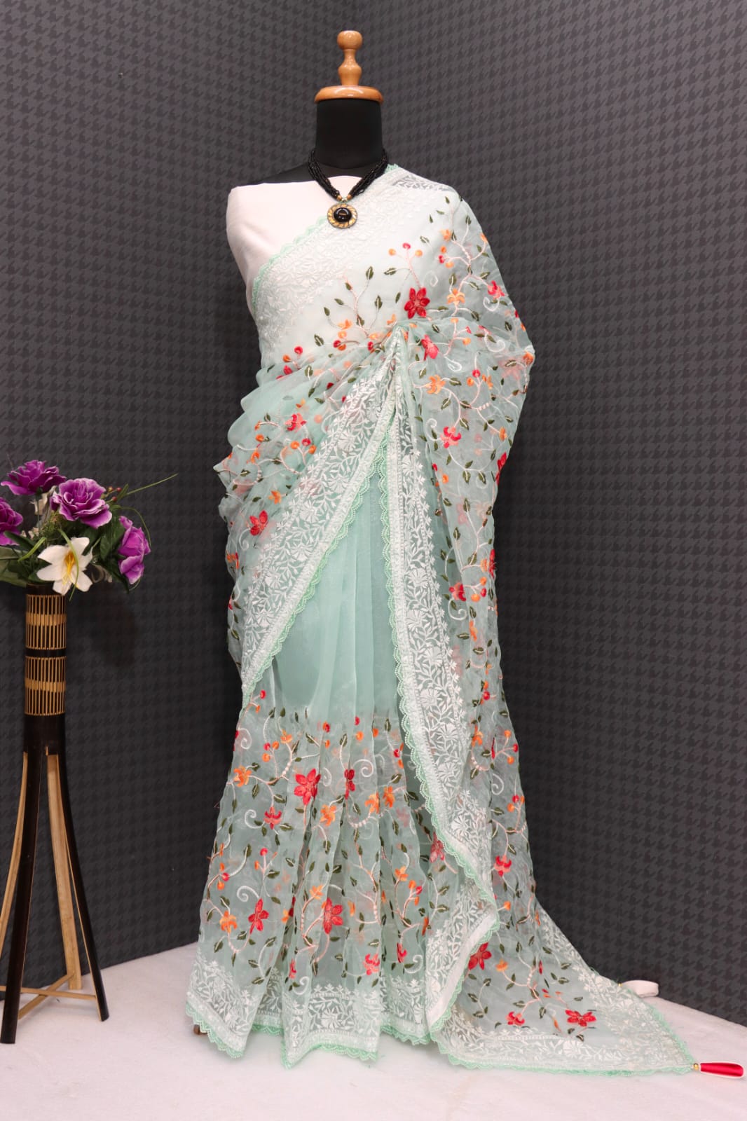 Pure Organza Silk Multi Color Thread Embroidery With Lace Border Saree