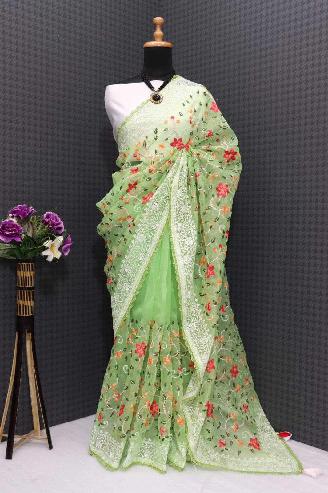 Pure Organza Silk Multi Color Thread Embroidery With Lace Border Saree