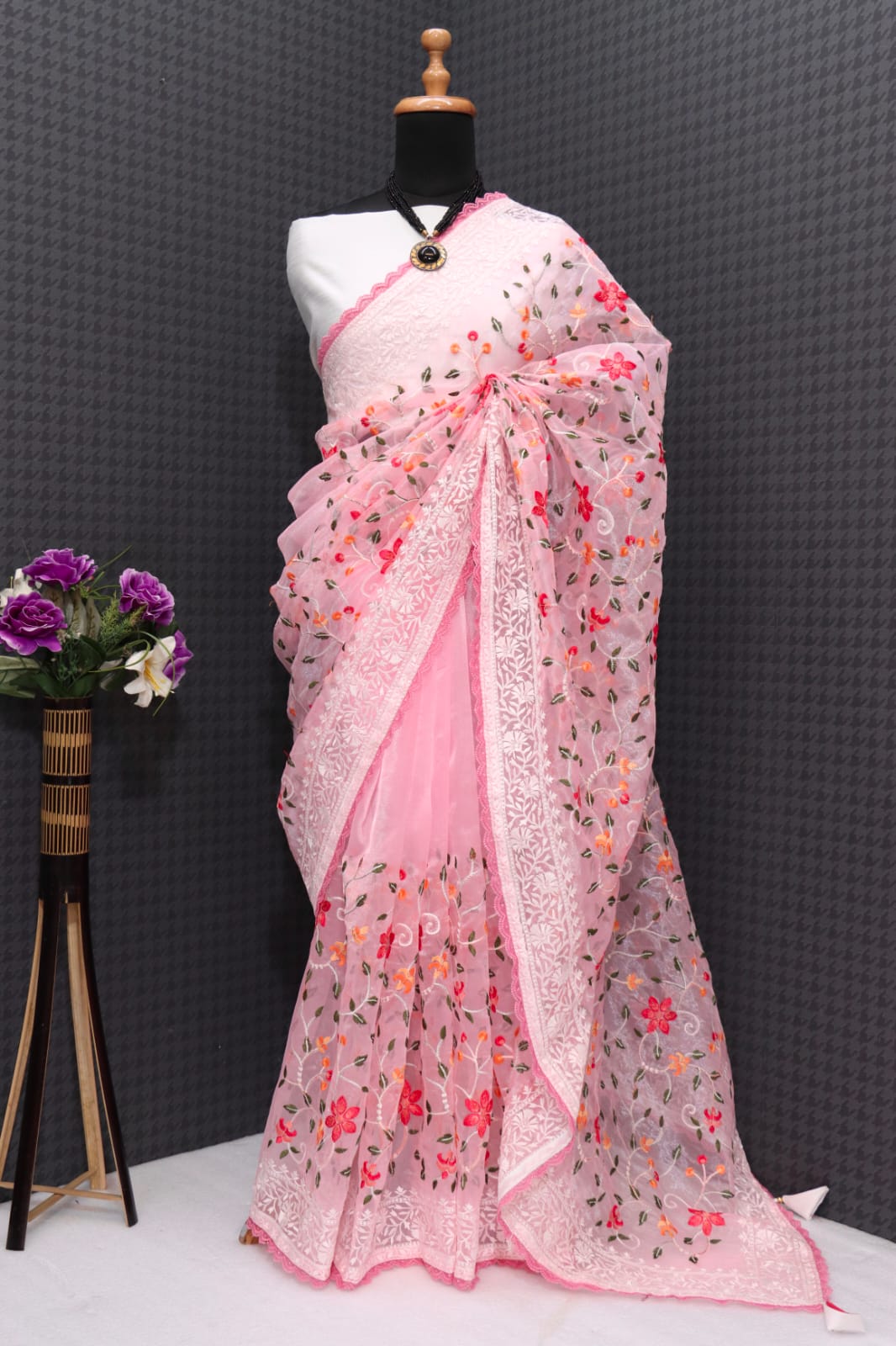 Pure Organza Silk Multi Color Thread Embroidery With Lace Border Saree