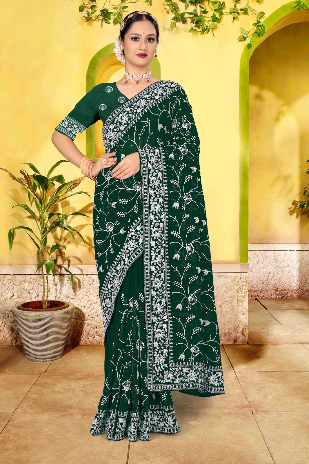 Soft Georgette Lucknavi Chikankari Embroidery Work With Lace Border Saree