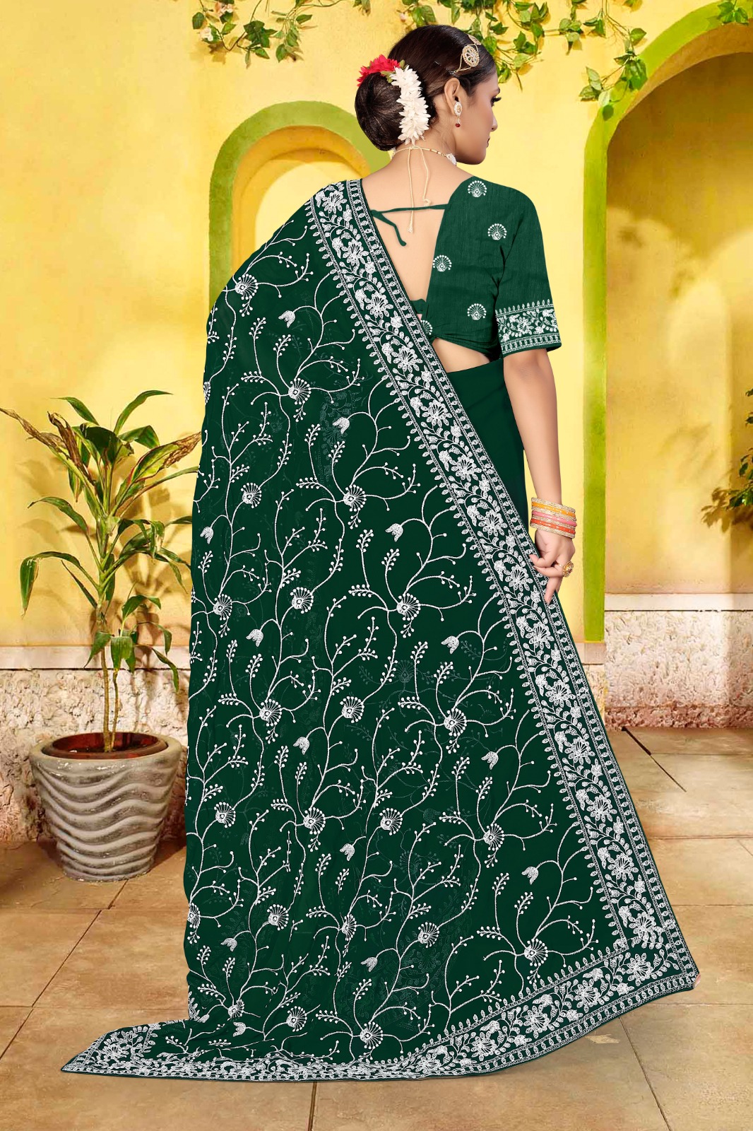 Soft Georgette Lucknavi Chikankari Embroidery Work With Lace Border Saree