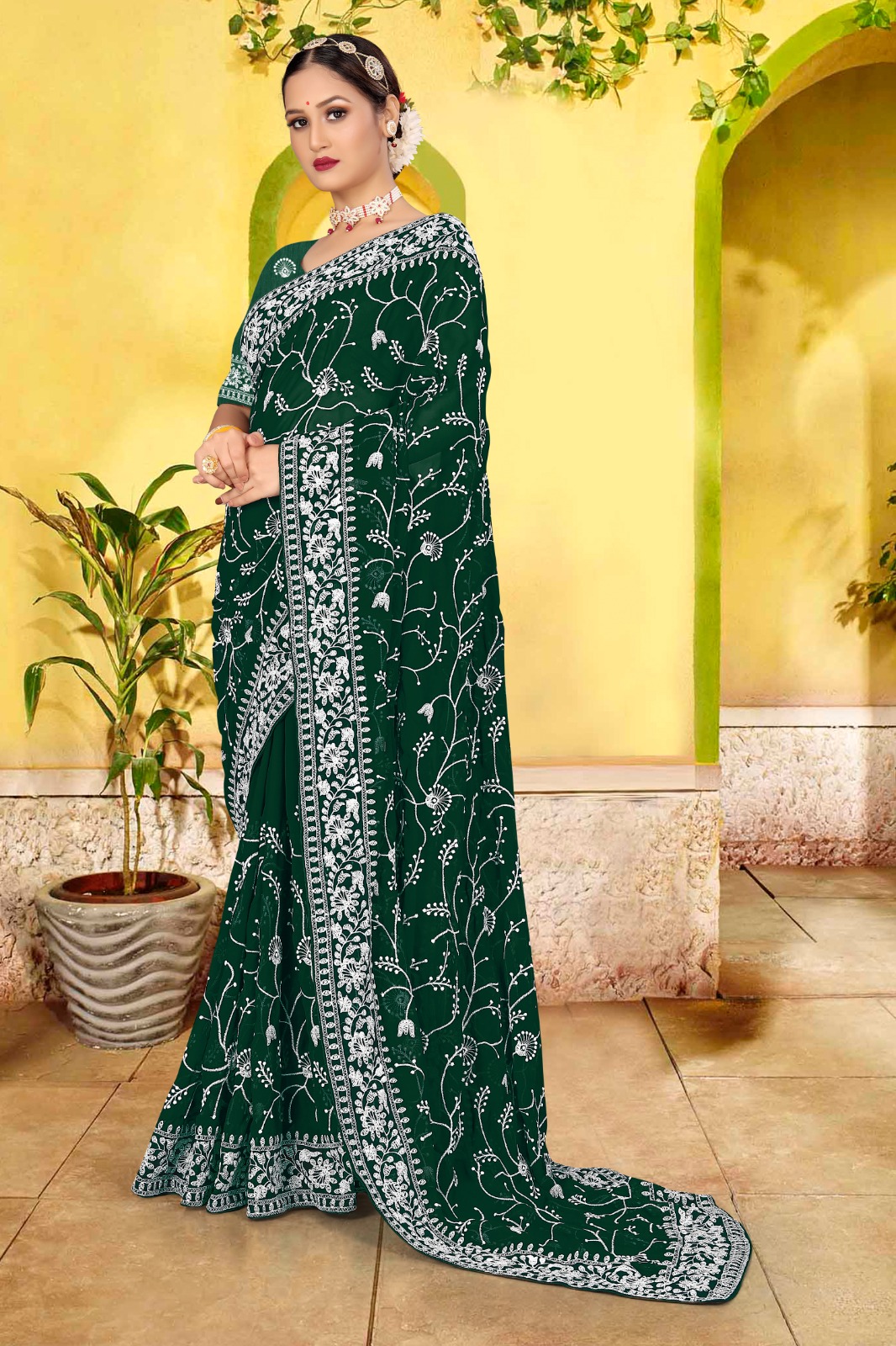 Soft Georgette Lucknavi Chikankari Embroidery Work With Lace Border Saree