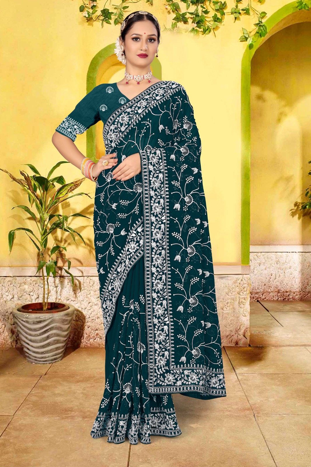 Soft Georgette Lucknavi Chikankari Embroidery Work With Lace Border Saree