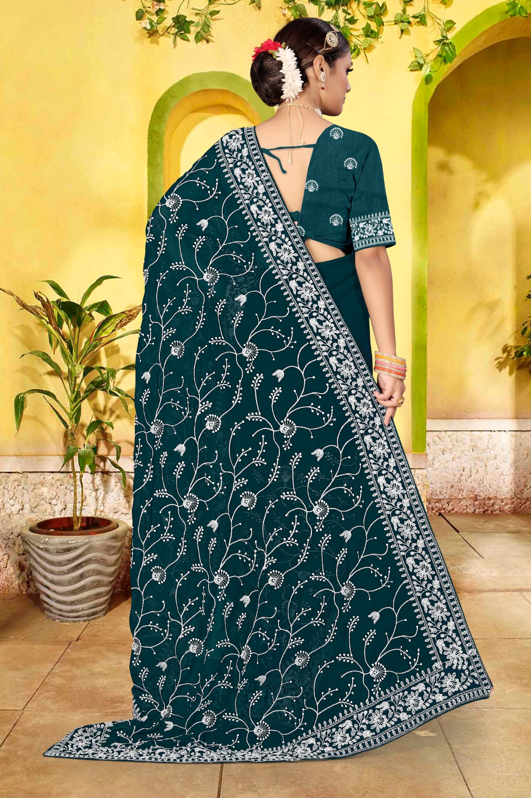 Soft Georgette Lucknavi Chikankari Embroidery Work With Lace Border Saree