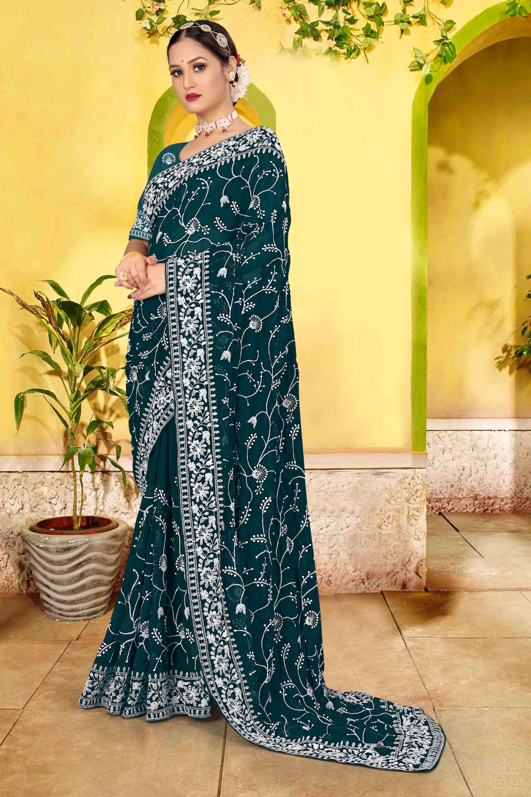 Soft Georgette Lucknavi Chikankari Embroidery Work With Lace Border Saree